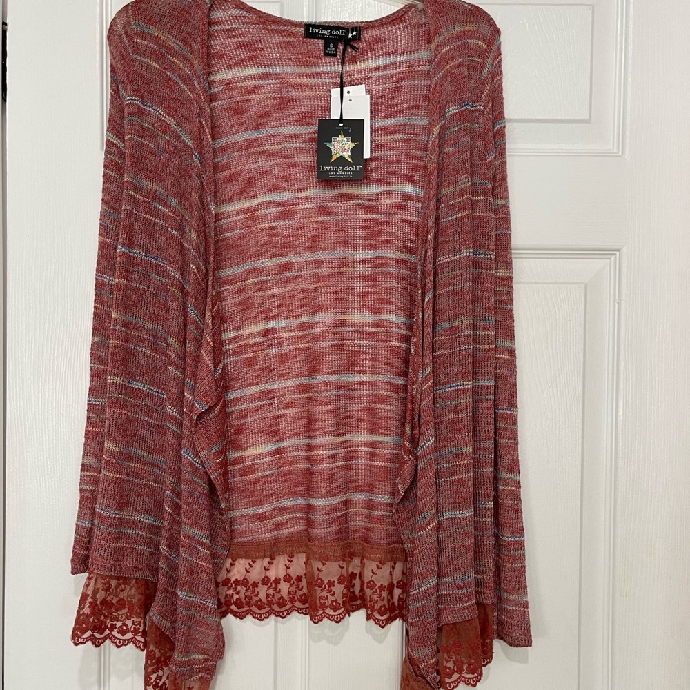 Lightweight long cardigan sweater with lace trim